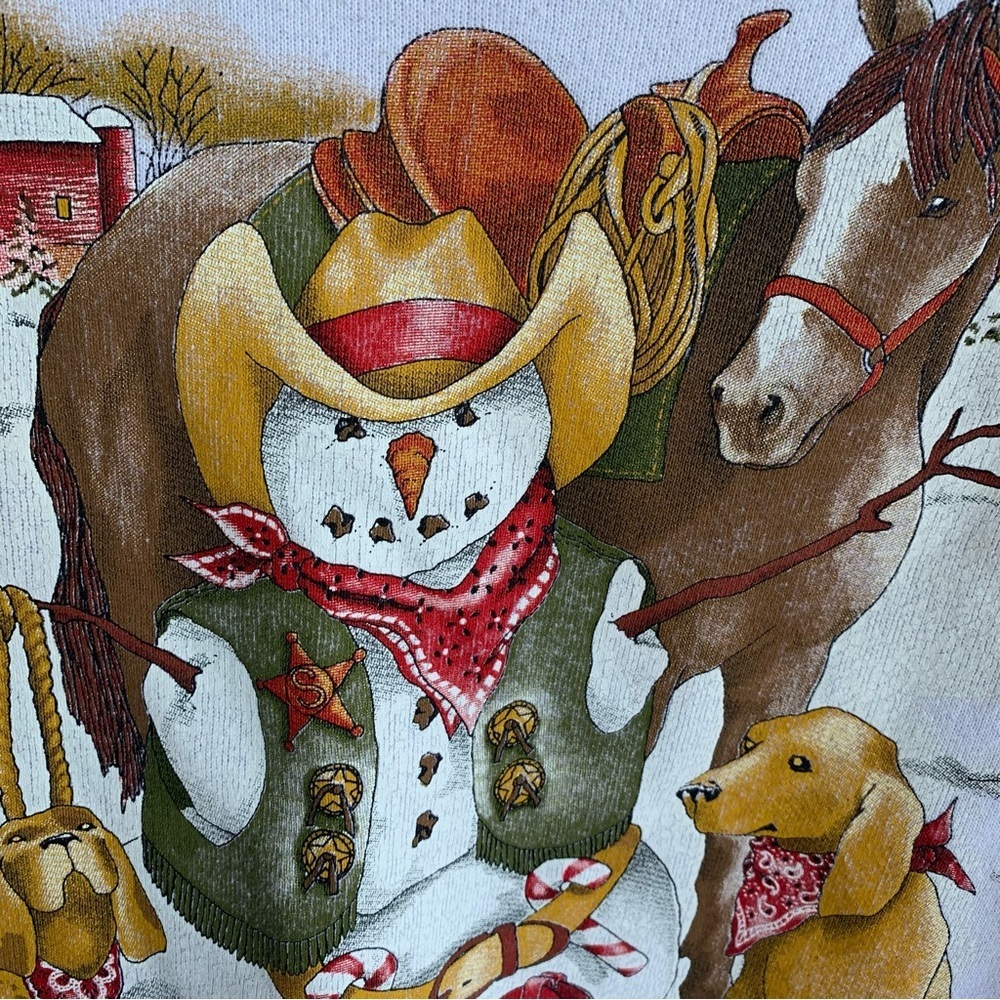 Vintage Winter Snowman Horse Dogs Crewneck Sweatshirt Adult XL 90s Sweater Snow - Picture 5 of 11